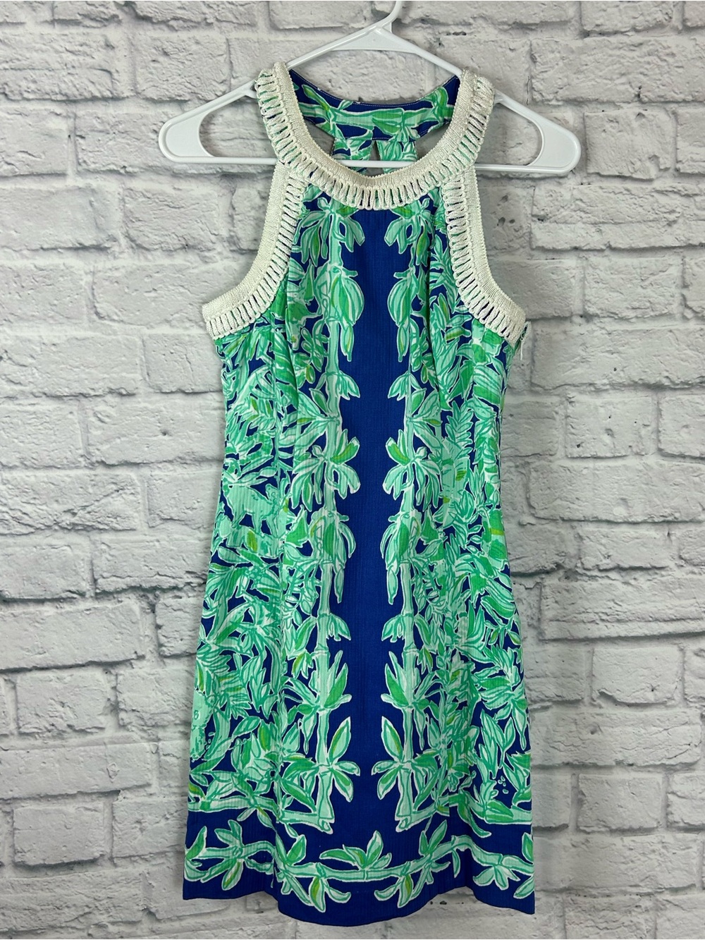 Lilly Pulitzer Pearl Shift Dress 00 Blue Green Tropical Crochet Trim Cotton